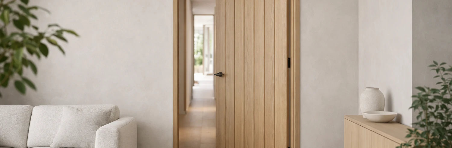 Modern interior with a white sofa, wooden cabinet, and open timber door.