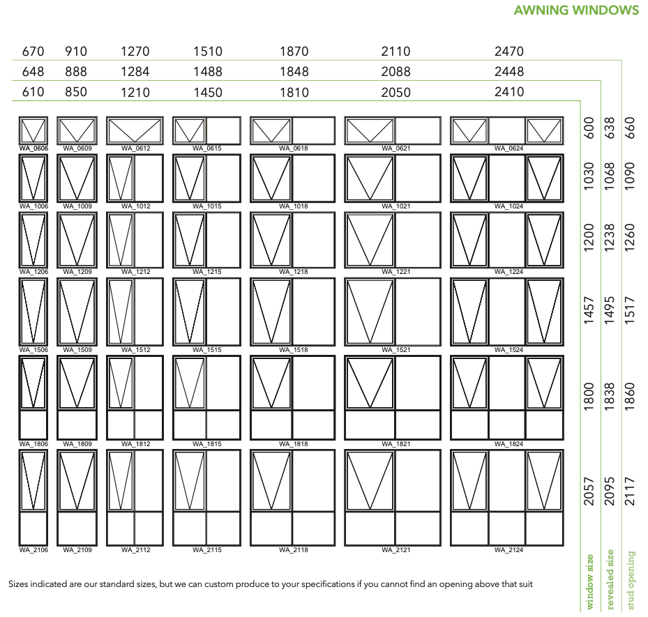 Diagram of awning window designs with measurements on a white background
