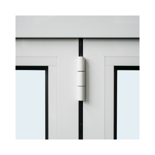 Close-up of a bifold windows with a hinge on a white background