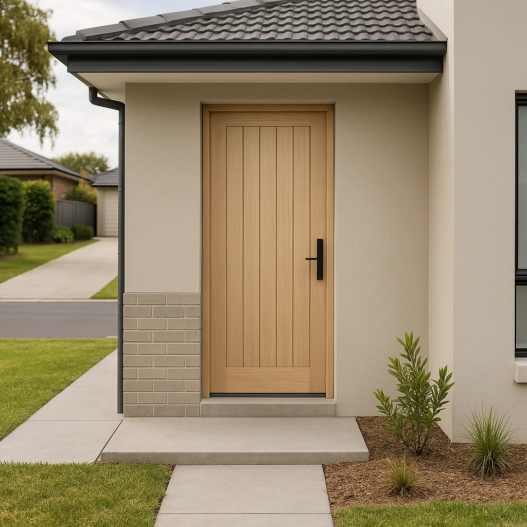 White Oak Mexicano entry doors installed in modern Australian home exterior