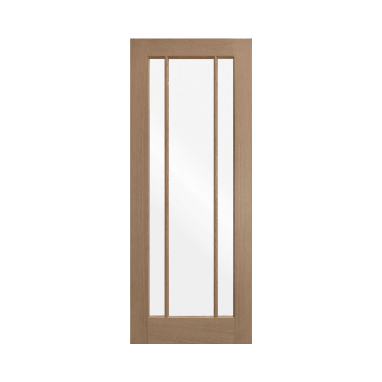 Internal Worcester white oak glazed internal door full view and  glass panel detail.