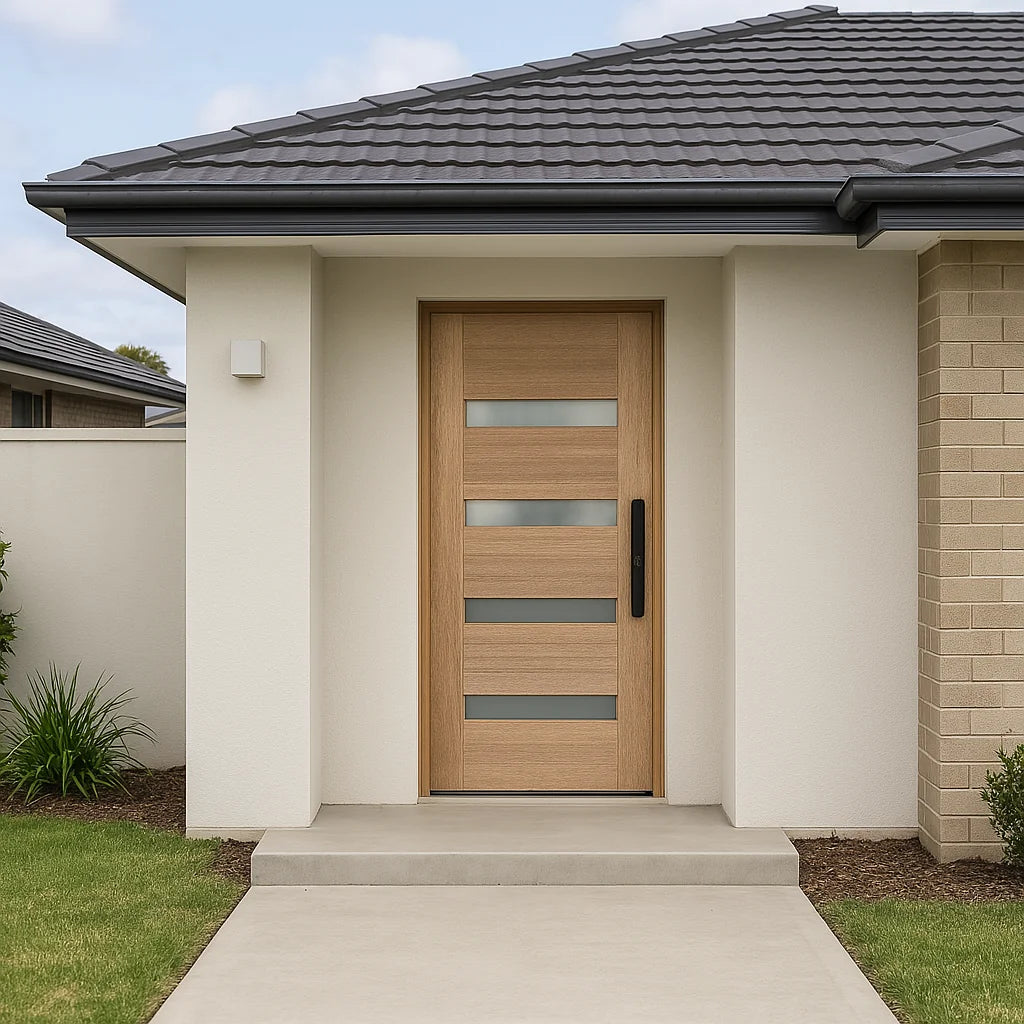 Installed Meranti Malibu 4 Lite entrance doors for modern Australian home
