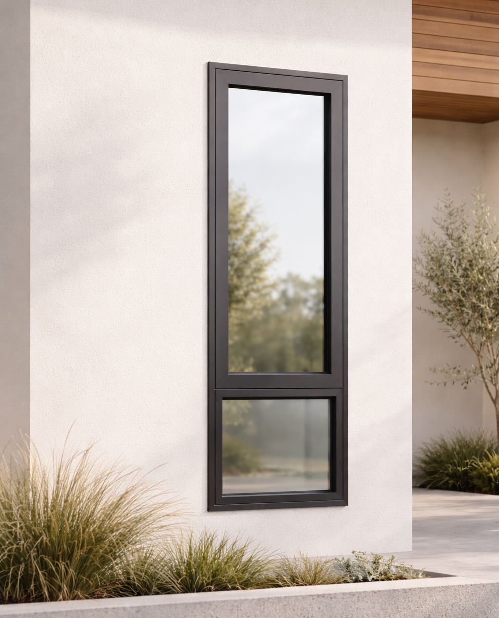 Modern shield awning window with black frame on a light-colored wall with plants around