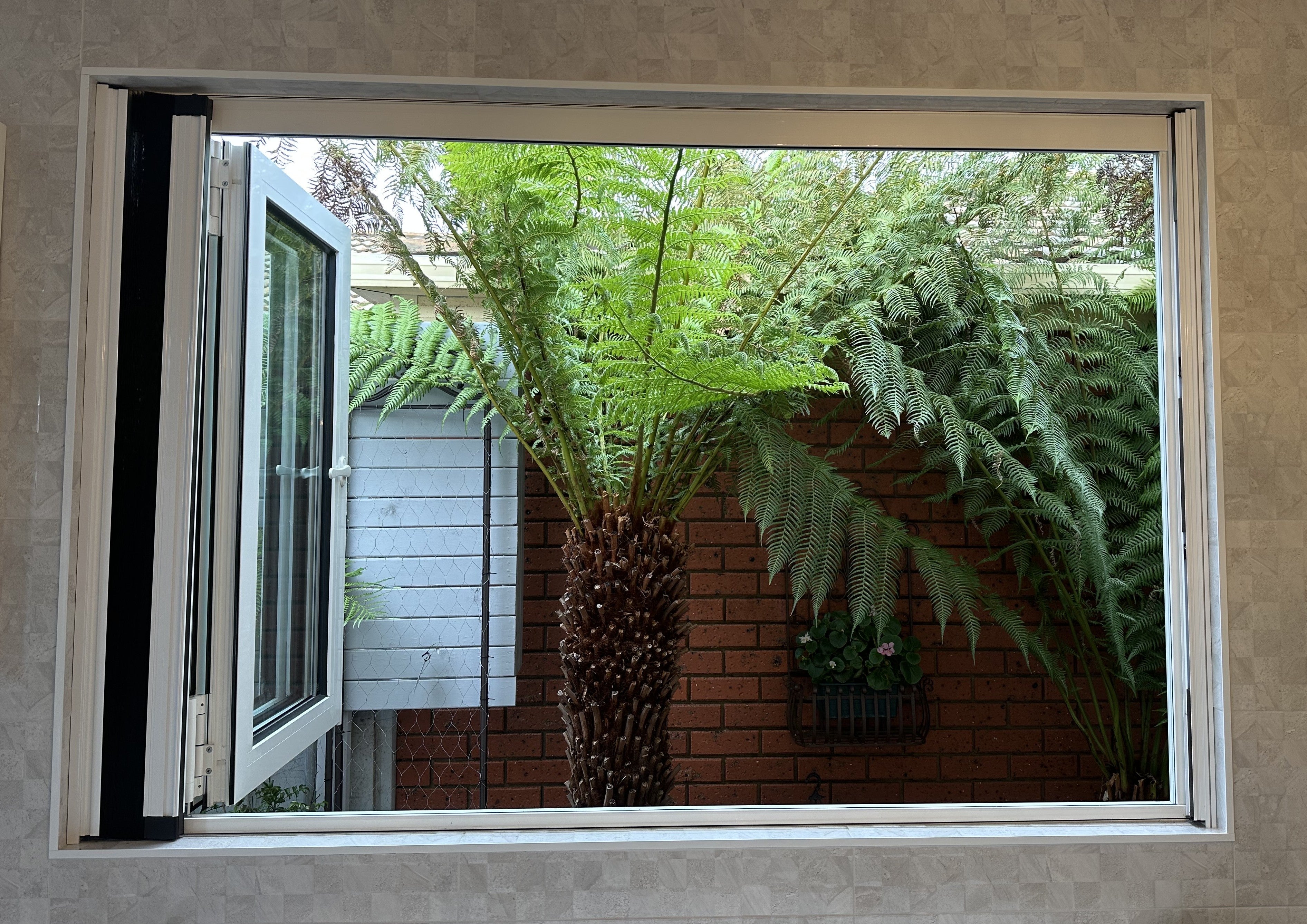 Open bifold window with view of a garden with ferns and a brick wall.