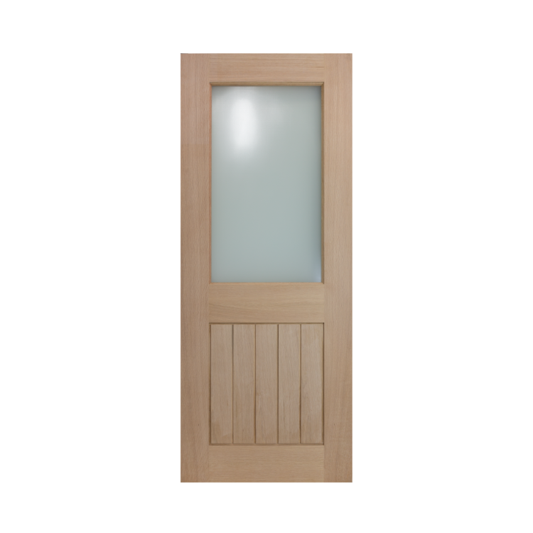 White Mexicano half lite front door with glazed upper panel in white finis on a white background