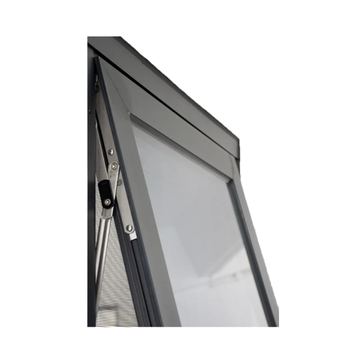 Modern black awning window open for ventilation with white background
