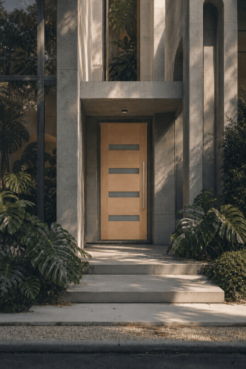 Hardwood entrance door with double glass panel Malibu design